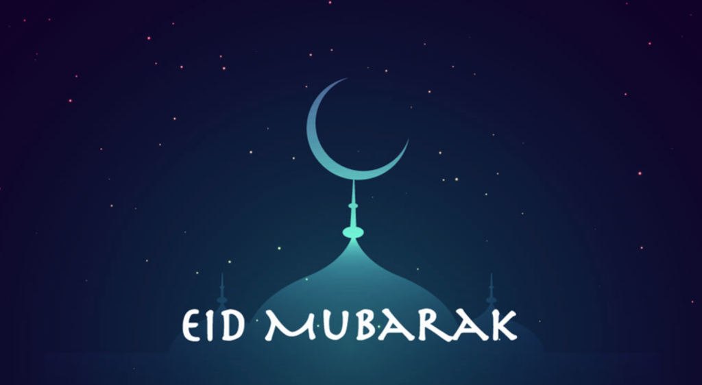 Workds 'Eid Mubarak' on a blue background with a crescent moon